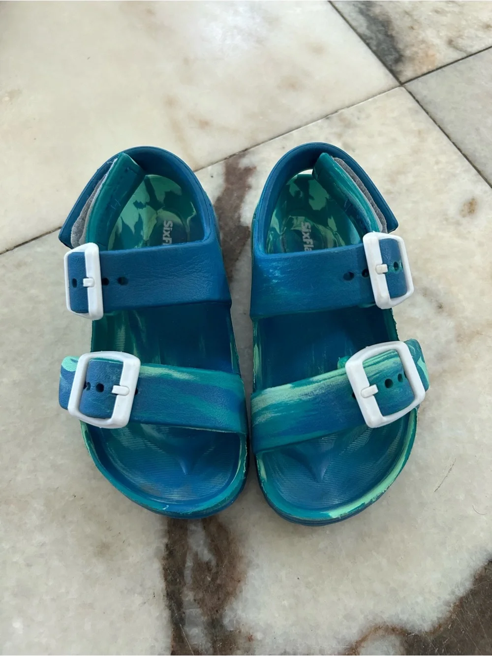 Pink Cherry Crocs and Blue Water Sandals